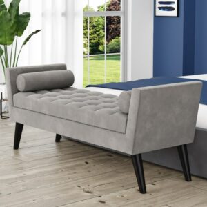 Grey Velvet Bench with Bolster Cushions - Safina